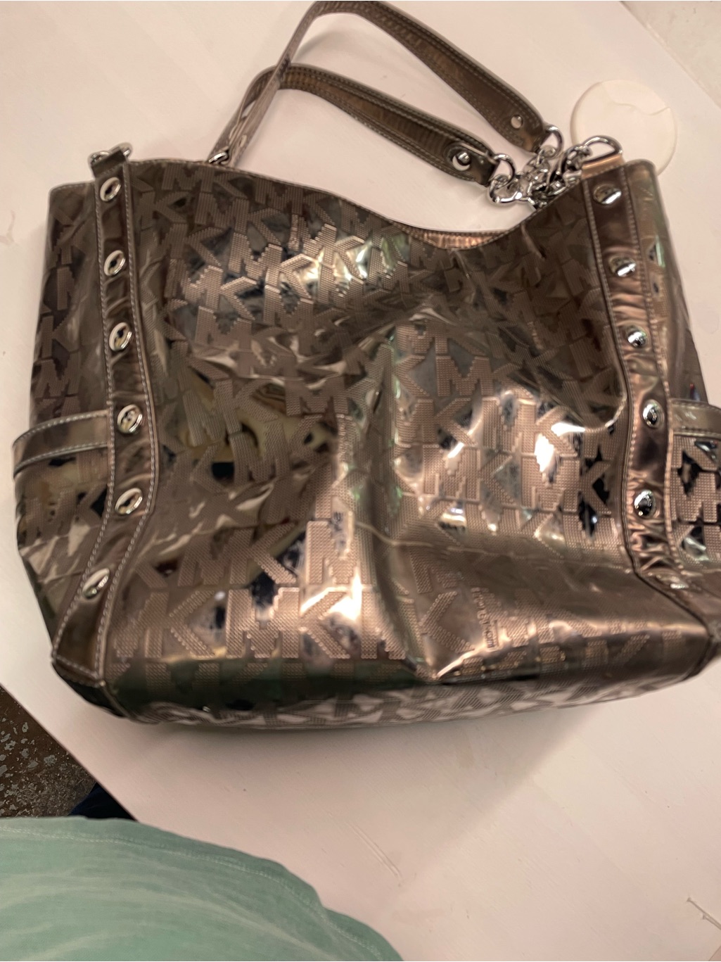 Michael Kors Metallic Mk Logo Patent Tote Shoulder Bag Silver Bronze Glam